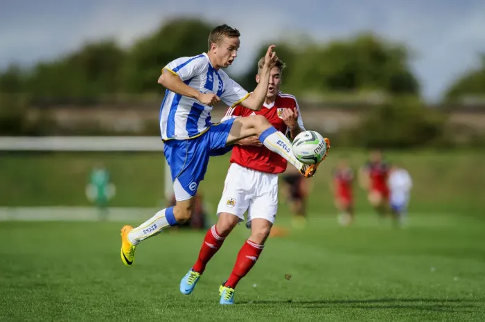 Framed Print : Clash of the Young Talents: Jordan Drew vs Ben Withey in Bristol City U18 vs Brighton & Hove Albion U18 Football Match