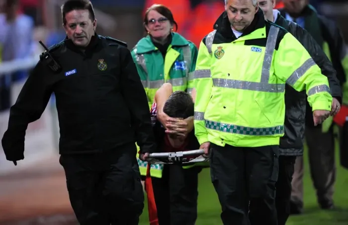 Framed Print : Cole Skuse Injured: Dramatic Moment Bristol City Player Is Stretcher Off During Peterborough United Match