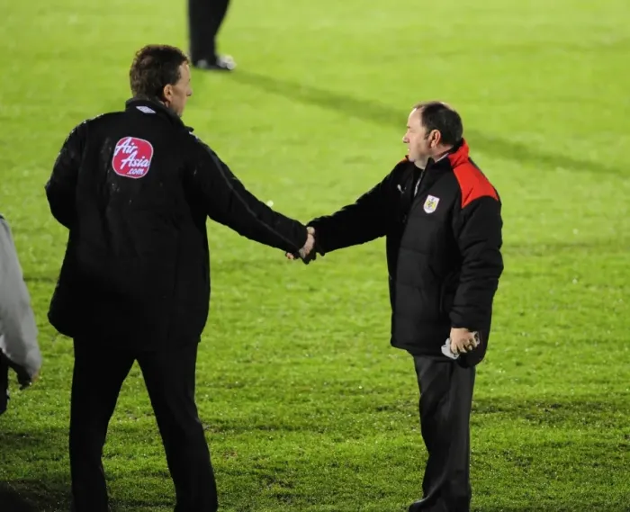 Framed Print : Collaborative Pitch Inspection: Managers and Match Officials of Plymouth Argyle and Bristol City Unite