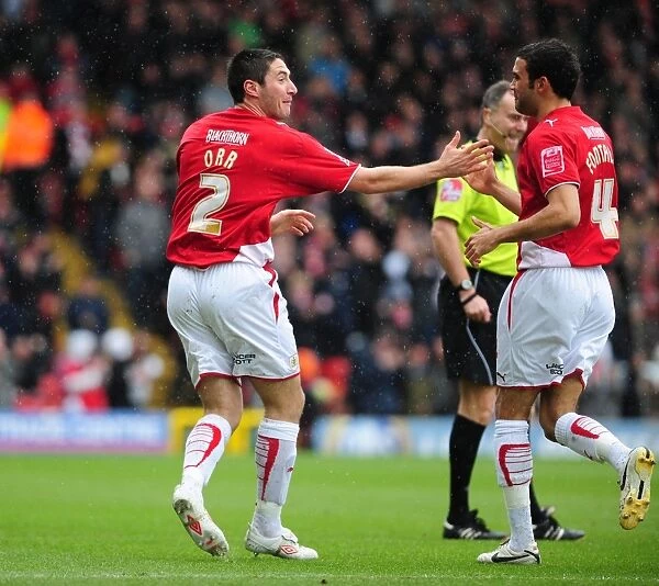 Controversial Goal Celebration: Liam Fontaine and Bradley Orr Claiming the Opening Goal for Bristol City vs. Nottingham Forest (03.04.2010)