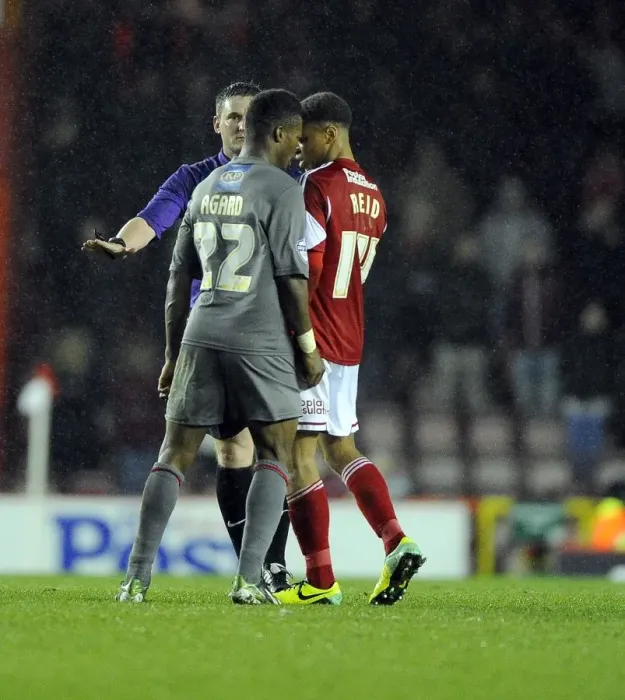 Framed Print : Controversial Moment: Kieran Agard Dodges Bobby Reid Challenge in Bristol City vs Rotherham United Framed Print : Controversial Moment: Kieran Agard Dodges Bobby Reid Challenge in Bristol City vs Rotherham United