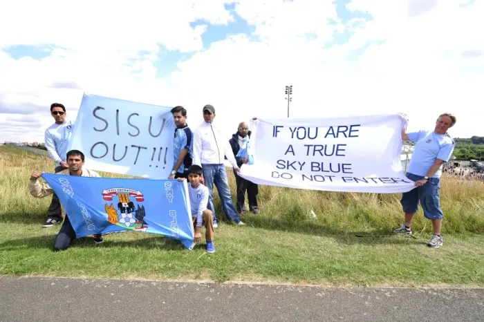 Framed Print : Coventry Fans Protest Outside Sixfields Stadium During Coventry vs. Bristol City Match, Sky Bet League One Framed Print : Coventry Fans Protest Outside Sixfields Stadium During Coventry vs. Bristol City Match, Sky Bet League One