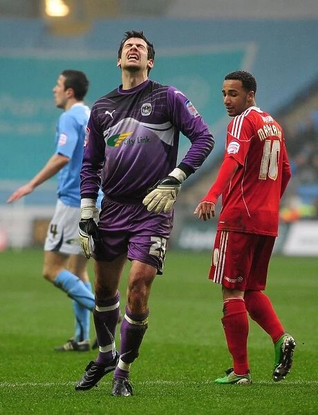 Coventry's Danny Ireland Injured After Replacing Keiren Westwood for Coventry City vs. Bristol City, Championship Match, March 5, 2011