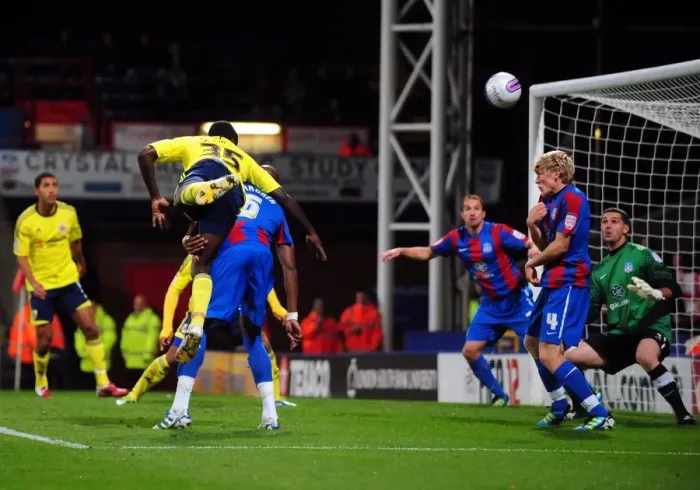 Framed Print : Damion Stewart's Headed Effort for Bristol City vs. Crystal Palace - Championship Match, October 15, 2011