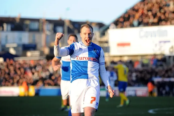 Framed Print : David Clarkson's Euphoric Goal Celebration for Bristol Rovers vs AFC Wimbledon (2013)