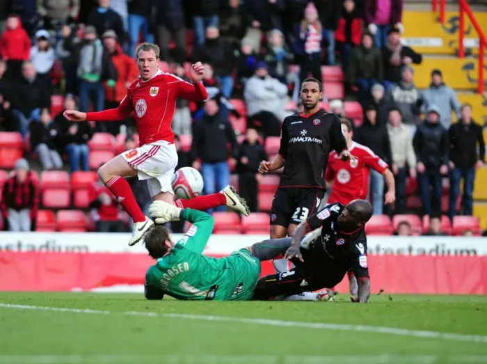 Framed Print : David Clarkson's Thwarted Shot by Steve Simonsen: A Championship Showdown between Bristol City and Sheffield United - 27th November 2010