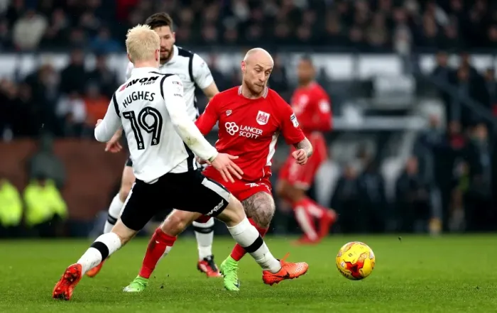 Framed Print : David Cotterill Drives Past Will Hughes: Derby County vs. Bristol City Championship Clash Framed Print : David Cotterill Drives Past Will Hughes: Derby County vs. Bristol City Championship Clash