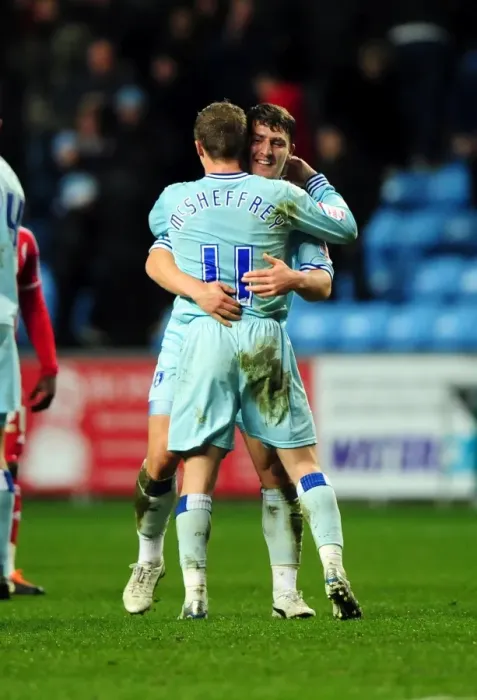 Framed Print : Deegan and McSheffrey Celebrate Coventry's Win Over Bristol City (December 26, 2011) Framed Print : Deegan and McSheffrey Celebrate Coventry's Win Over Bristol City (December 26, 2011)