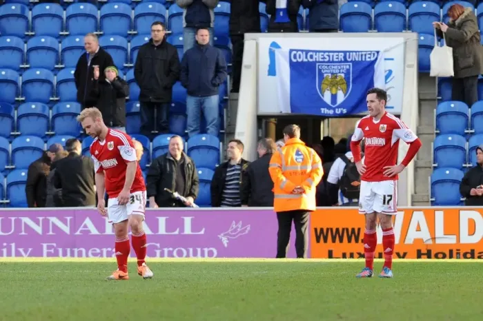 Framed Print : Dejected Moment: Gillett and Cunningham of Bristol City After Colchester Defeat Framed Print : Dejected Moment: Gillett and Cunningham of Bristol City After Colchester Defeat