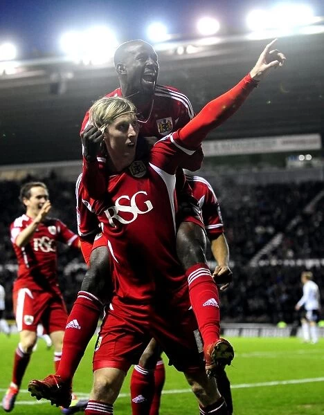 Derby County vs. Bristol City: Woolford and Adomah Celebrate Goal (Championship Football, 10 / 12 / 2011)