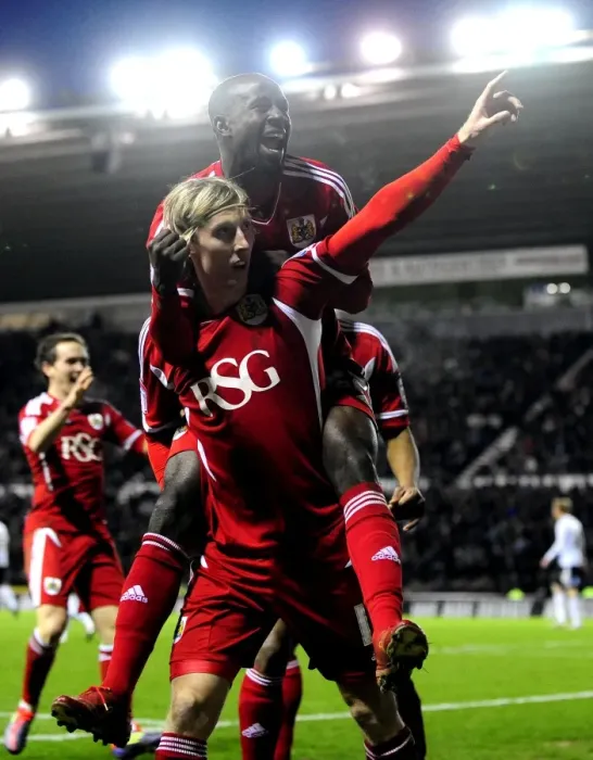 Framed Print : Derby County vs. Bristol City: Woolford and Adomah Celebrate Goal (Championship Football, 10 / 12 / 2011)