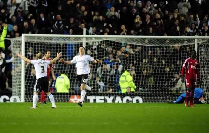 Framed Print : Derby County's Callum Ball Scores the Winning Goal Against Bristol City in Championship Match, 10-12-2011