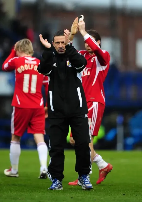 Framed Print : Derek McInnes Appreciates Bristol City Fans at Portsmouth Game, 17th March 2012 Framed Print : Derek McInnes Appreciates Bristol City Fans at Portsmouth Game, 17th March 2012