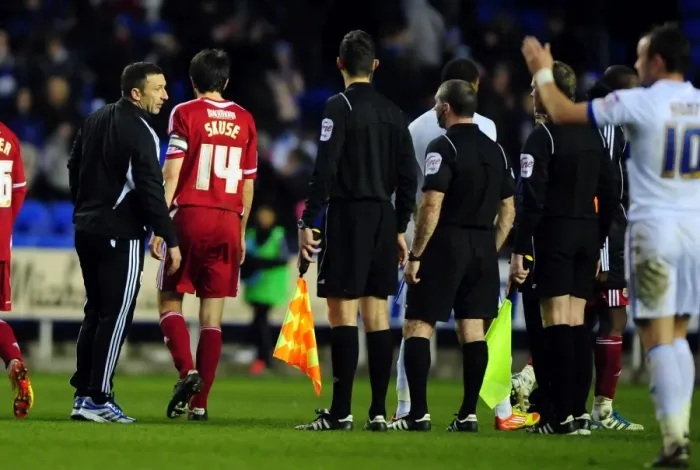 Framed Print : Derek McInnes Argues with Referee during Reading vs. Bristol City Championship Match, 2012