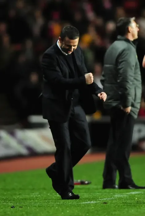 Framed Print : Derek McInnes Celebrates Promising Win for Bristol City against Southampton in Championship Match, 30 / 12 / 2011