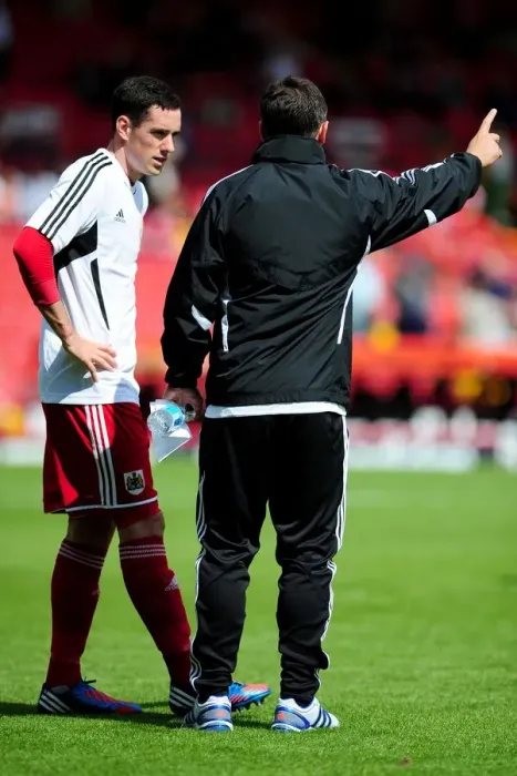 Framed Print : Derek McInnes Conferring with Gregg Cunningham Before Bristol City's Championship Clash Against Cardiff City