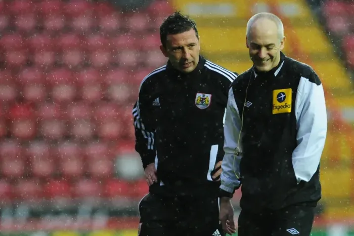 Framed Print : Derek McInnes in Deep Conversation with Referee during Bristol City vs. Watford Championship Match at Ashton Gate, 2012 Framed Print : Derek McInnes in Deep Conversation with Referee during Bristol City vs. Watford Championship Match at Ashton Gate, 2012