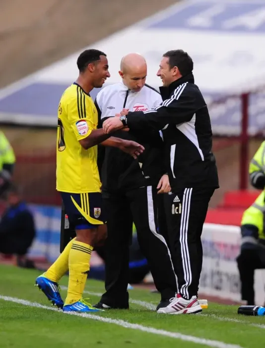 Framed Print : Derek McInnes First Win as Bristol City Manager: Embracing Nicky Maynard's Goal vs Barnsley (2011)