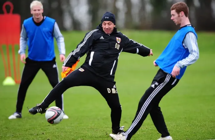 Framed Print : Derek McInnes Leads Bristol City Football Club Training Session at Memorial Stadium, January 2012 Framed Print : Derek McInnes Leads Bristol City Football Club Training Session at Memorial Stadium, January 2012