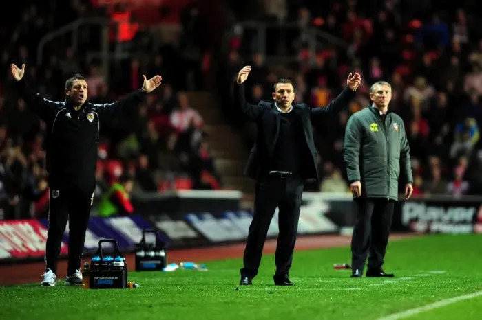 Framed Print : Derek McInnes and Tony Docherty Protest Refereeing Decision during Southampton vs. Bristol City Championship Match, 30 / 12 / 2011 Framed Print : Derek McInnes and Tony Docherty Protest Refereeing Decision during Southampton vs. Bristol City Championship Match, 30 / 12 / 2011