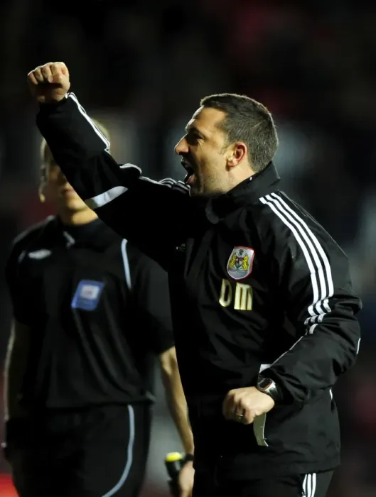 Framed Print : Derek McInnes Triumphant Moment: Celebrating Bristol City's Victory Over Leicester City, 2012