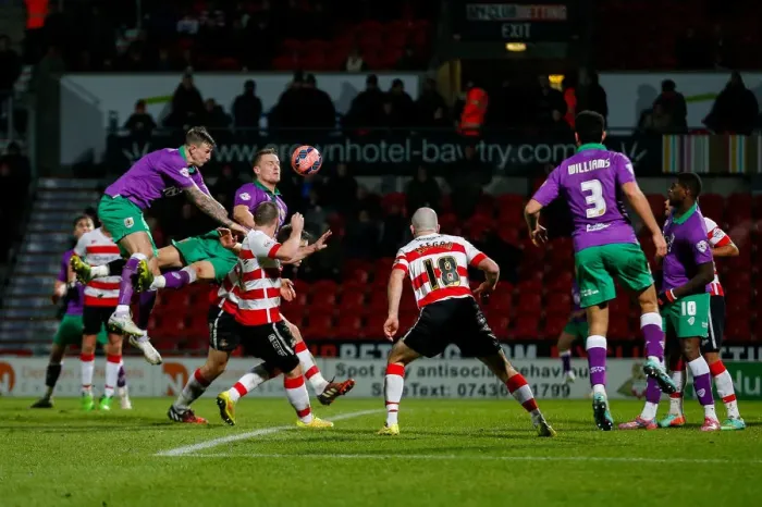 Framed Print : Desperate Last-Minute Effort: Aden Flint and Matt Smith of Bristol City Fight for the Winning Goal against Doncaster Rovers, FA Cup Third Round Proper, 2015 Framed Print : Desperate Last-Minute Effort: Aden Flint and Matt Smith of Bristol City Fight for the Winning Goal against Doncaster Rovers, FA Cup Third Round Proper, 2015