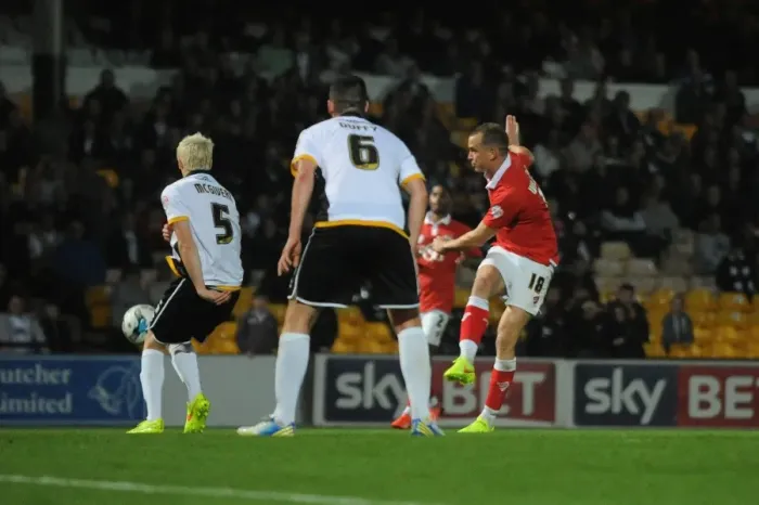 Framed Print : Determined Moment: Wilbraham's Powerful Shot for Bristol City against Port Vale Framed Print : Determined Moment: Wilbraham's Powerful Shot for Bristol City against Port Vale