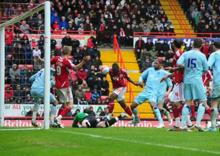 Framed Print : Disallowed Goal: Andre Amougou Heads for Bristol City Against Coventry City (09-04-2012)