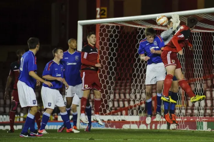 Framed Print : Dramatic Header by Jack Batten: FA Youth Cup Third Round Proper - Bristol City U18 vs Ipswich Town U18, Ashton Gate Stadium