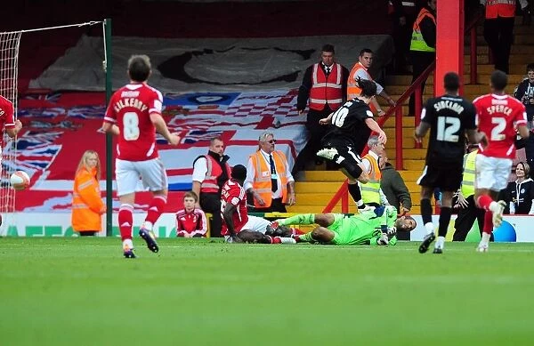 Dramatic Last-Minute Escape: George Boyd's Goal Attempt Cleared Off the Line by Bristol City's David James - Peterborough United vs. Bristol City, Championship Match, 15th October 2011