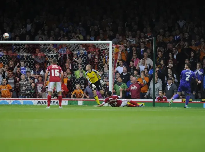 Framed Print : Dramatic Moment: Matt Doherty Scores the Goal that Sparked Wolves Euphoric Celebration at Ashton Gate