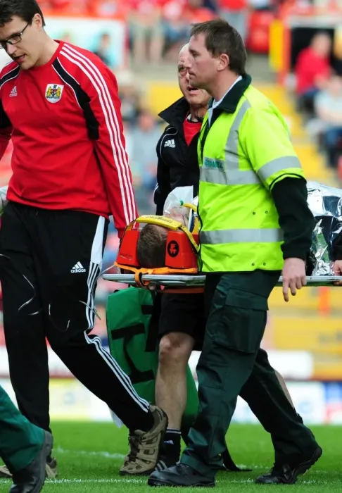 Framed Print : Dramatic Moment: Unconscious Grant Leadbitter Evacuated on Stretcher during Bristol City vs Ipswich Town Championship Match (16-04-2011) Framed Print : Dramatic Moment: Unconscious Grant Leadbitter Evacuated on Stretcher during Bristol City vs Ipswich Town Championship Match (16-04-2011)