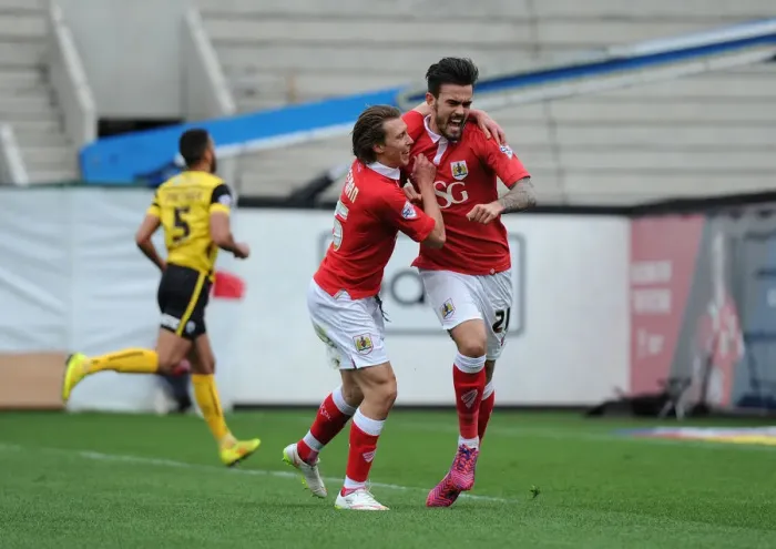 Framed Print : Dynamic Duo: Marlon Pack and Luke Freeman in Unforgettable Goal Celebration for Bristol City against Barnsley (March 2015) Framed Print : Dynamic Duo: Marlon Pack and Luke Freeman in Unforgettable Goal Celebration for Bristol City against Barnsley (March 2015)