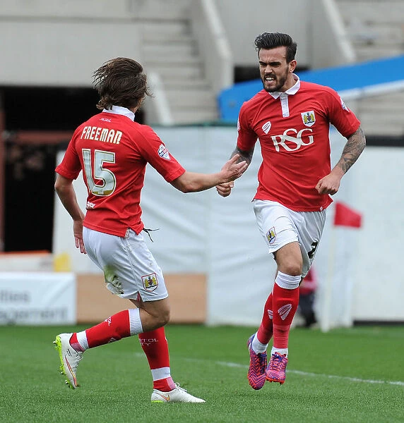 Dynamic Duo: Marlon Pack and Luke Freeman's Thrilling Goal Celebration for Bristol City against Barnsley, 2015