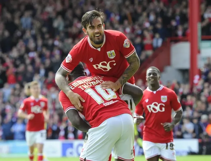 Framed Print : Dynamic Duo: Pack and Emmanuel-Thomas Celebrate Thrilling Goal for Bristol City against Walsall, Sky Bet League One, May 2015 Framed Print : Dynamic Duo: Pack and Emmanuel-Thomas Celebrate Thrilling Goal for Bristol City against Walsall, Sky Bet League One, May 2015