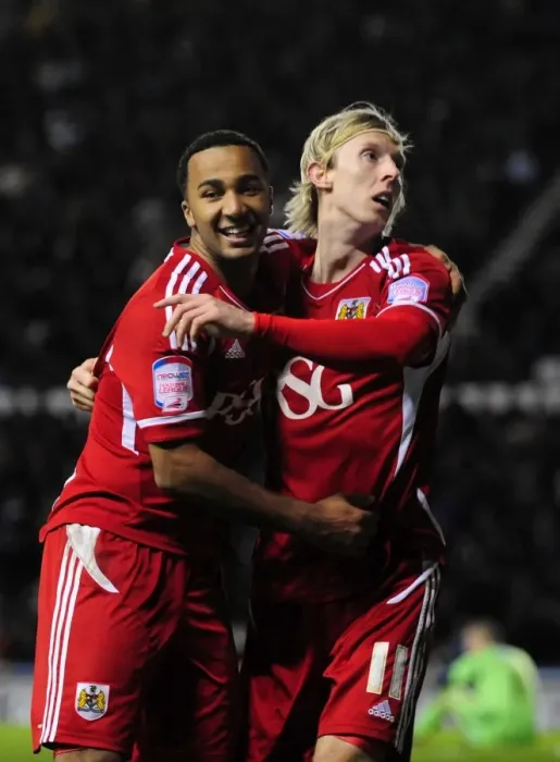 Framed Print : Euphoria at Pride Park: Woolford and Maynard's Goal Celebration for Bristol City in Derby County Championship Clash (10 / 12 / 2011)