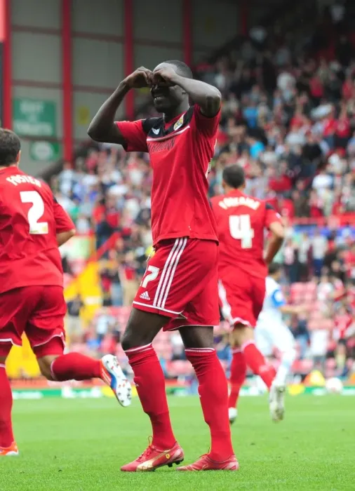 Framed Print : Euphoric Moment: Albert Adomah's Goal Celebration vs. Blackburn Rovers, Championship 2012, Ashton Gate Stadium
