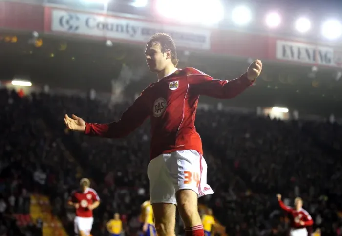 Framed Print : Euphoric Moment: Brett Pitman Scores the Championship Showdown Goal for Bristol City vs. Derby County at Ashton Gate Stadium (Nov. 12, 2010)