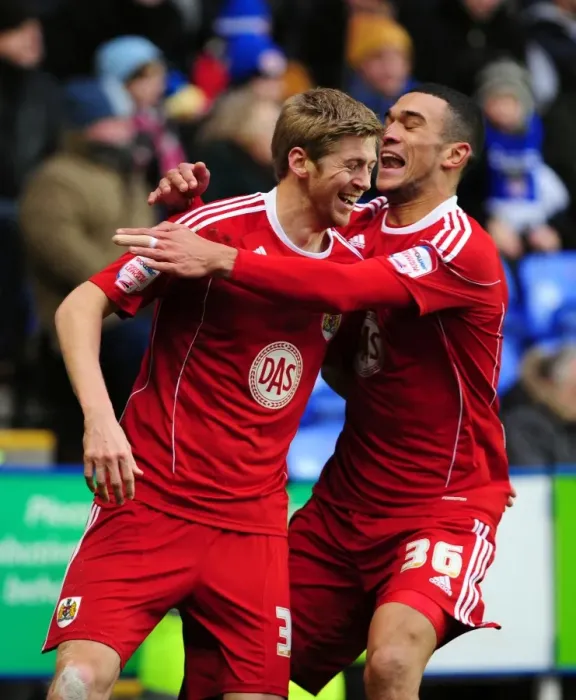 Framed Print : Euphoric Moment: Jon Stead and Steven Caulker Celebrate Goal for Bristol City against Reading (December 26, 2010, Championship) Framed Print : Euphoric Moment: Jon Stead and Steven Caulker Celebrate Goal for Bristol City against Reading (December 26, 2010, Championship)