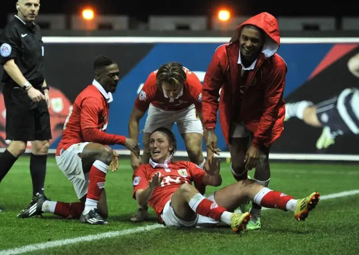 Framed Print : Euphoric Moment: Luke Ayling's Goal Celebration for Bristol City vs Crawley Town, Sky Bet League One Framed Print : Euphoric Moment: Luke Ayling's Goal Celebration for Bristol City vs Crawley Town, Sky Bet League One