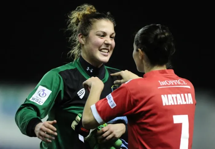 Framed Print : Euphoric Victory: Mary Earps and Natalia Pablos Sanchon of Bristol Academy Women's FC Celebrate Against FC Barcelona