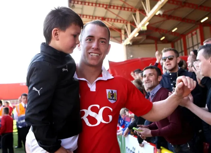 Framed Print : Excited Fan's Joyful Moment with Aaron Wilbraham after Bristol City's Win over Coventry City, 18th April 2015