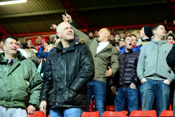 Framed Print : Exultant Bristol City Fans Celebrate at Ashton Gate Framed Print : Exultant Bristol City Fans Celebrate at Ashton Gate