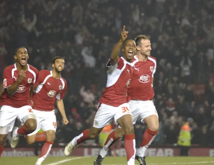 Framed Print : Exultant Moment: Darren Byfield's Thrilling Goal Celebration for Bristol City vs Barnsley Framed Print : Exultant Moment: Darren Byfield's Thrilling Goal Celebration for Bristol City vs Barnsley