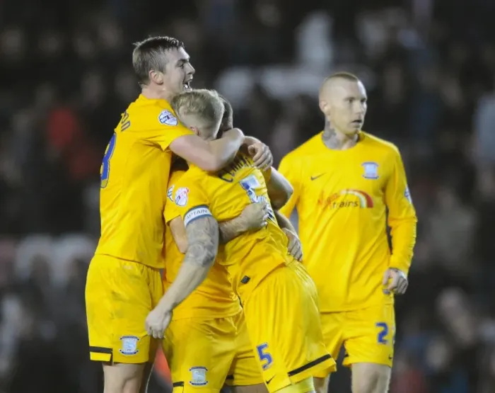 Framed Print : Exultant Preston North End Players Celebrate Win Against Bristol City, 2014 Framed Print : Exultant Preston North End Players Celebrate Win Against Bristol City, 2014