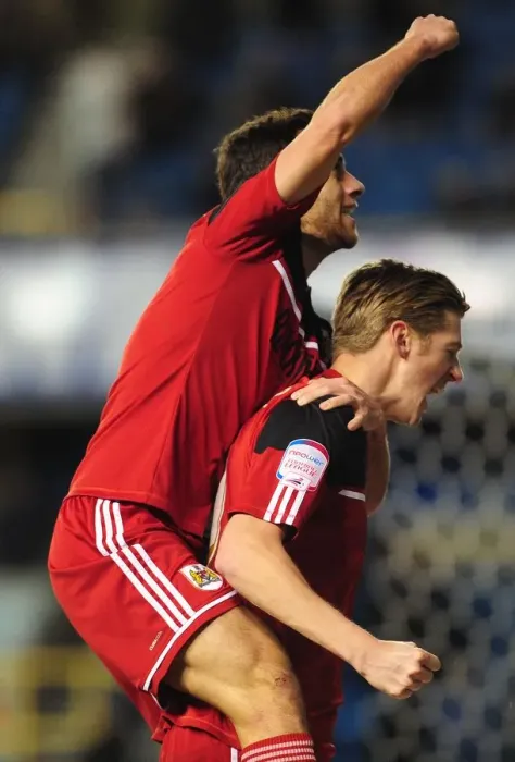 Framed Print : Exultant Teammates: Sam Baldock and Jon Stead Celebrate Goal at Millwall's The Den, Championship 2013 Framed Print : Exultant Teammates: Sam Baldock and Jon Stead Celebrate Goal at Millwall's The Den, Championship 2013