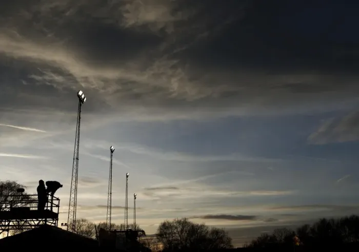 Framed Print : FA Cup Sunset: ITV Cameraman and Floodlights at Tamworth's The Lamb Ground Framed Print : FA Cup Sunset: ITV Cameraman and Floodlights at Tamworth's The Lamb Ground