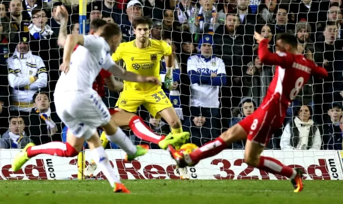 Framed Print : Fabian Giefer of Bristol City Watching as Chris Wood of Leeds United Shoots - Sky Bet Championship: Leeds United vs. Bristol City
