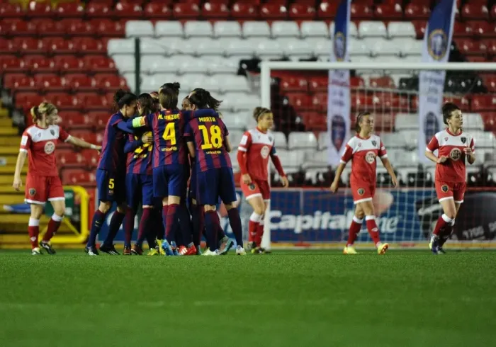 Framed Print : FC Barcelona Celebrates Champions League Victory over Bristol Academy WFC Framed Print : FC Barcelona Celebrates Champions League Victory over Bristol Academy WFC