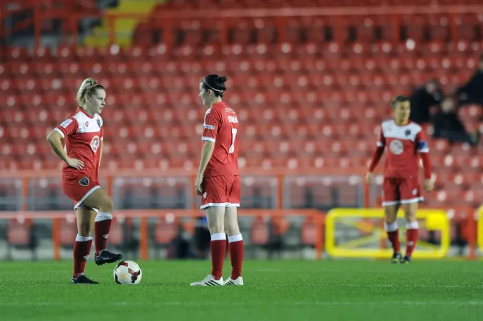Framed Print : FC Barcelona Takes the Lead: Dejected Expressions from Natalia Pablos Sanchon and Nikki Watts of Bristol Academy WFC